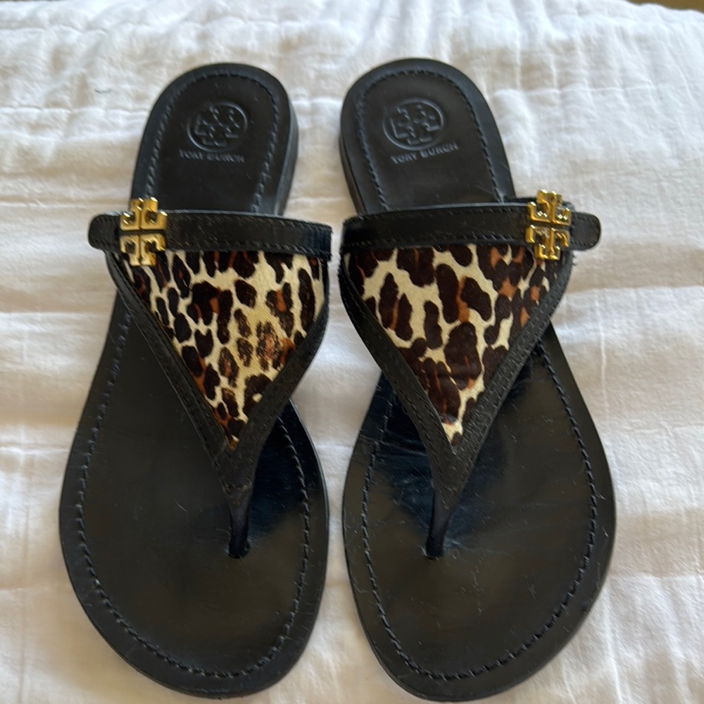 Tory Burch Women's Black Thong Sandals with Animal Print Pony Hair Insert